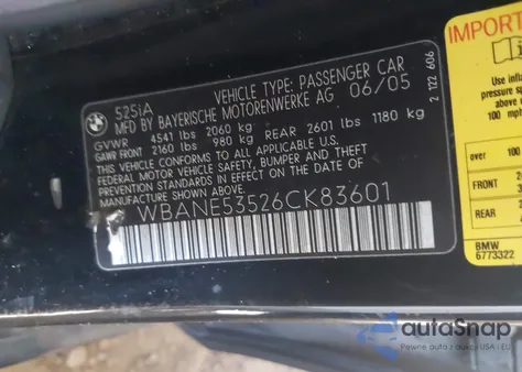 2006 BMW 525I z USA, uszkodzony, nr VIN WBANE53526CK83601